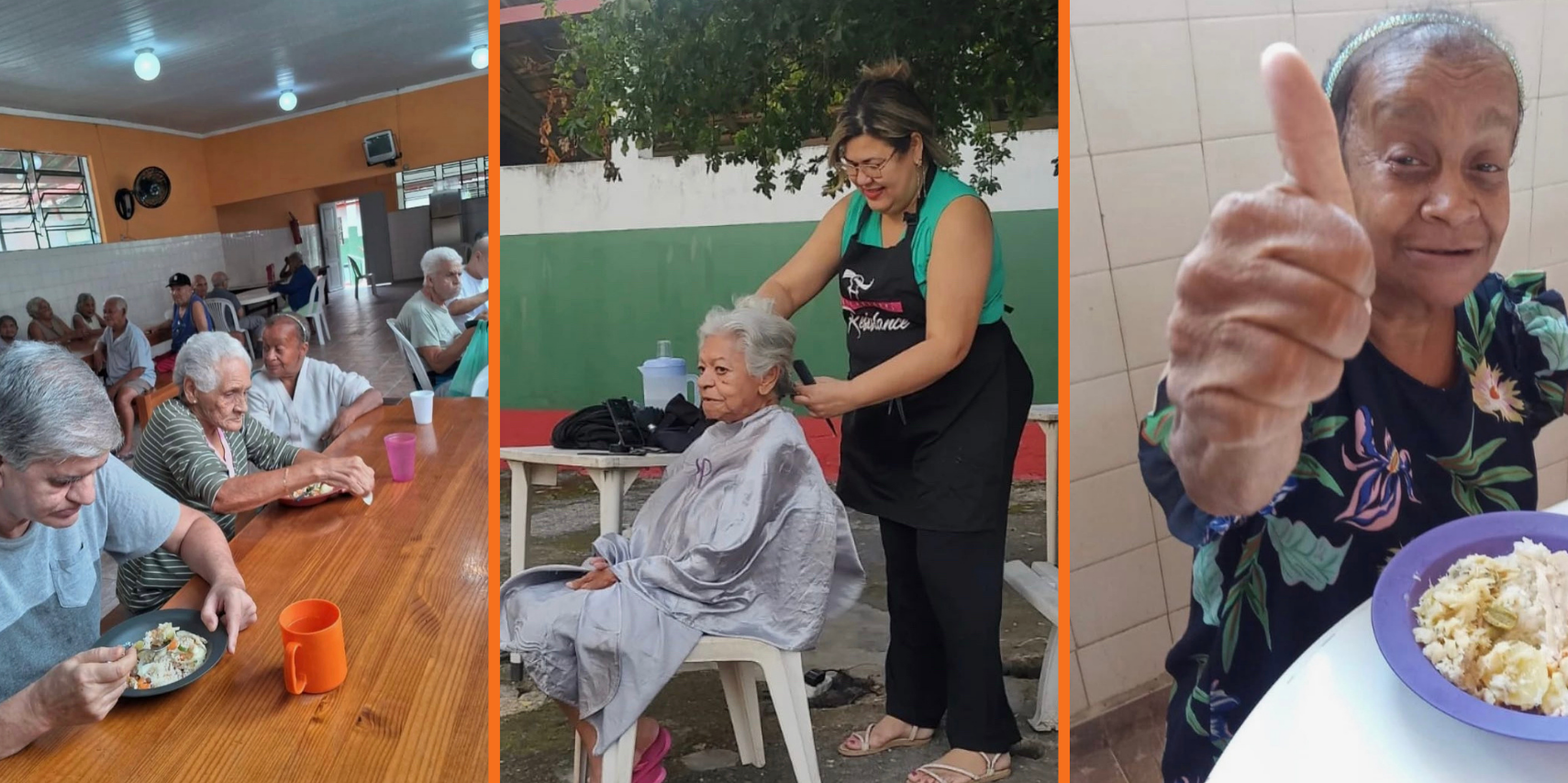 Fotos do abrigo - idosos no refeitório, corte de cabelo, idosa feliz